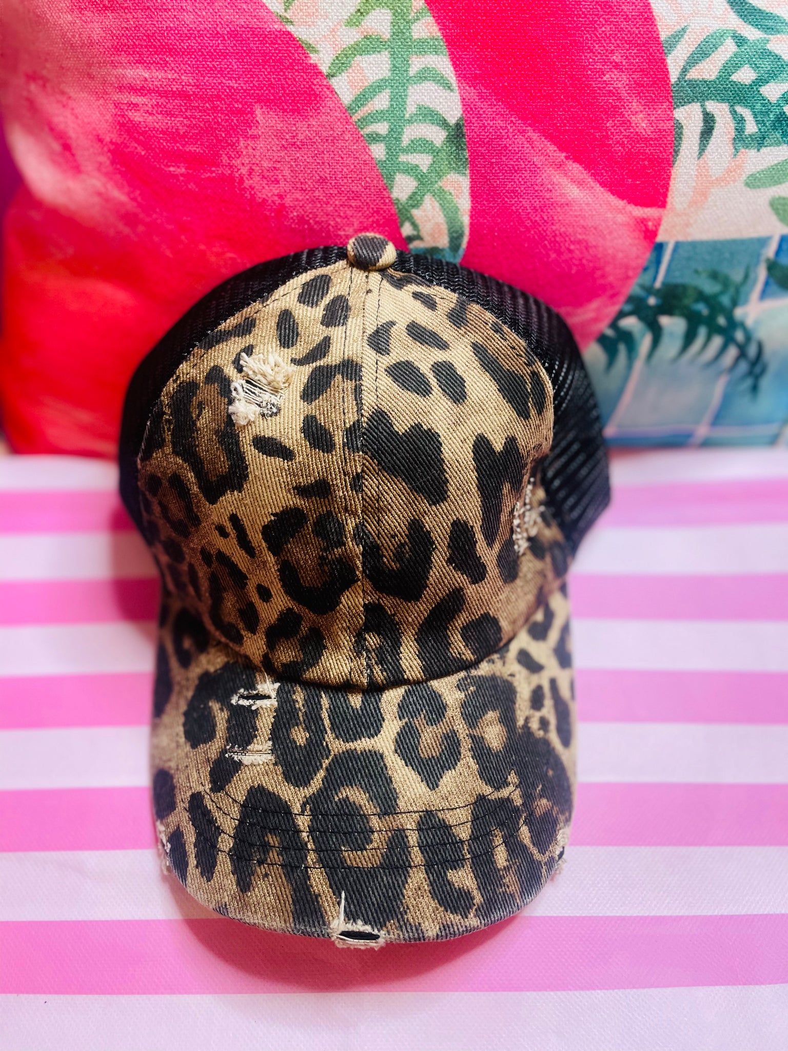 Distressed leopard cap